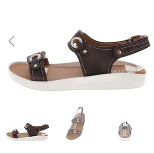 Grommet Buckle Top Stitch Sling Black Flat Sandal